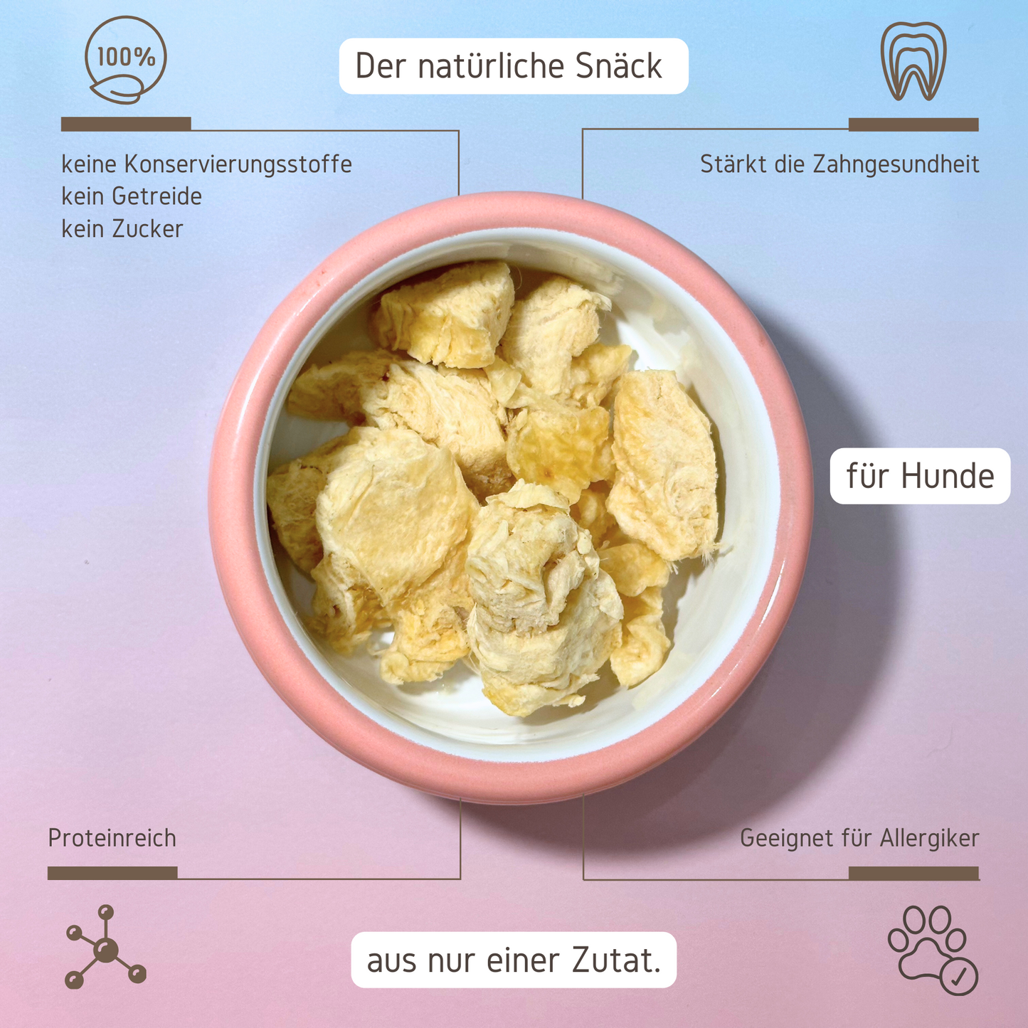 Informationen zu den Snack Haut-Haps gefriergetrocknete Bruderhahnhaut um einen Napf herum.